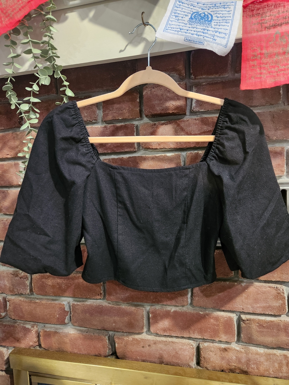 Francesca's Black Puff Sleeve Square Neck Smocked Back Crop Top XS - Picture 2 of 4
